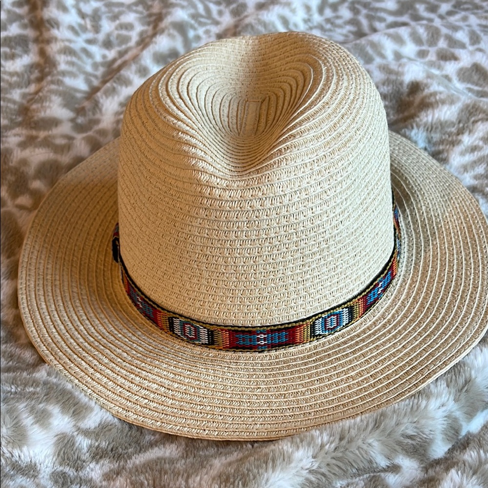 Free Press Beige Straw Hat with Multicolor Band